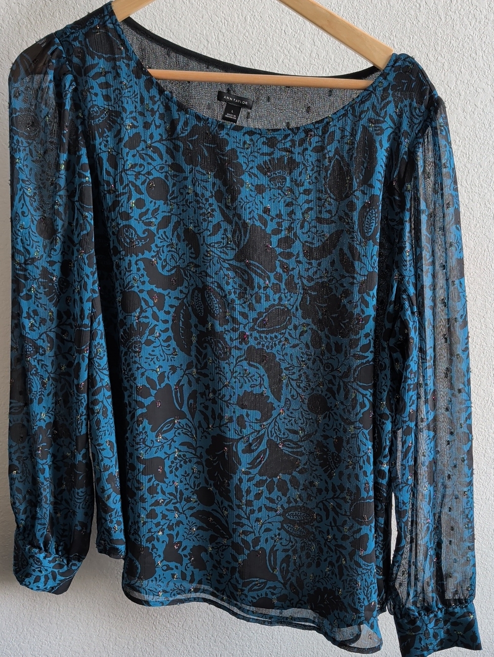 Ann Taylor Teal and Black Floral Sheer Long-Sleeve Blouse